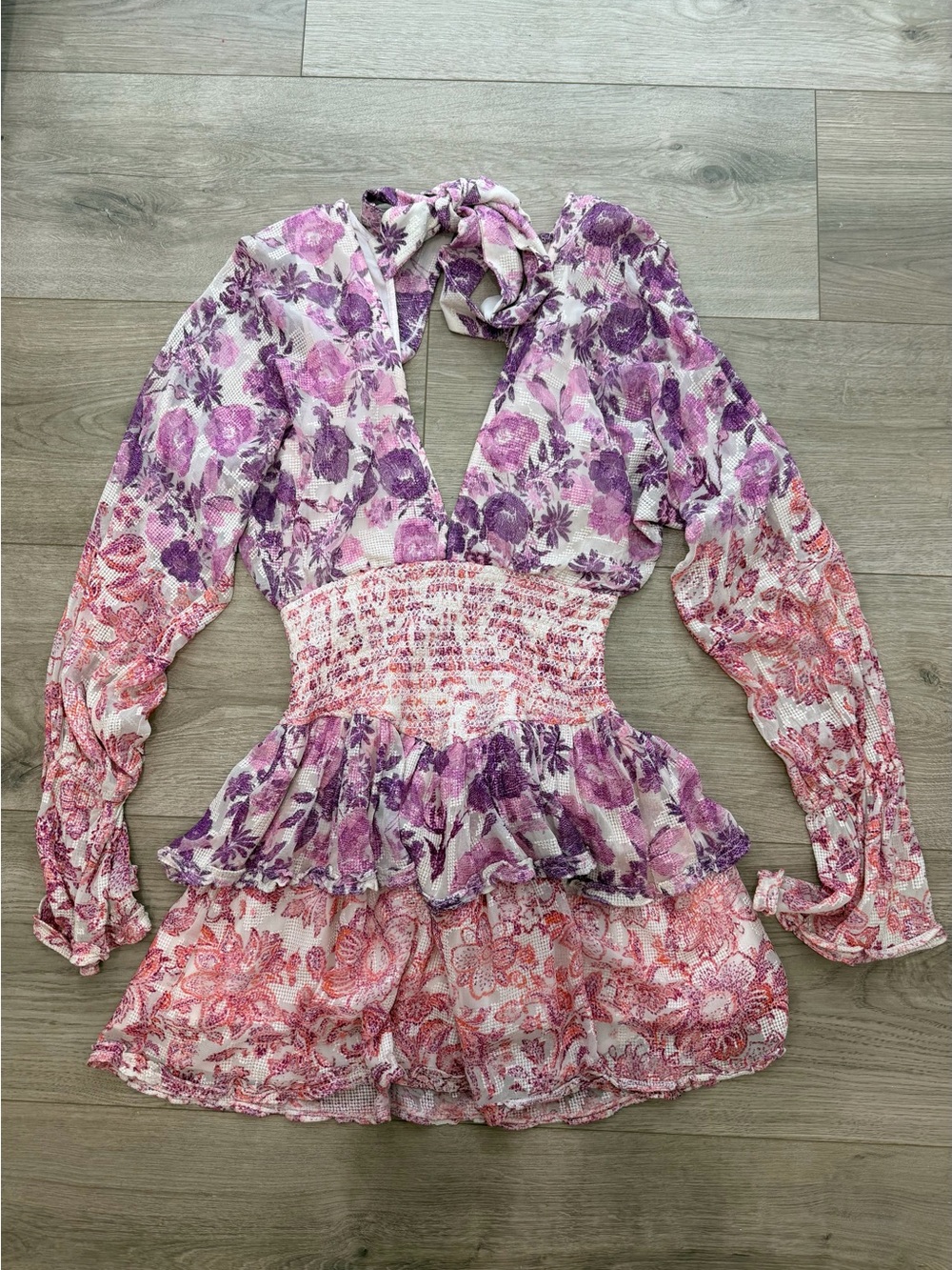 HEMANT & NANDITA Purple and Pink Floral Smocked Waist Dress